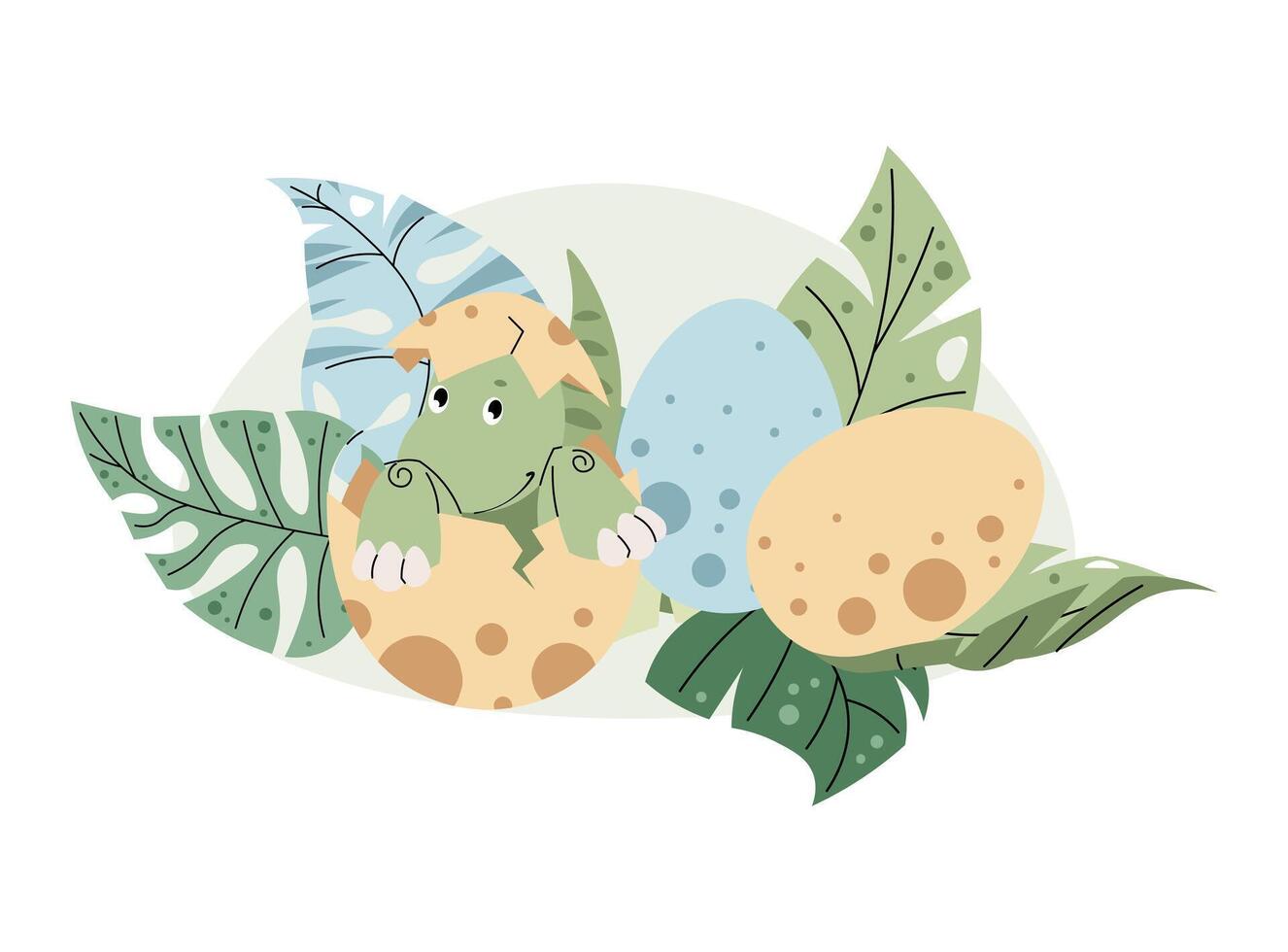 Cute cartoon dinosaur in eggshell in tropical leaves on white background. Ancient lizard in flat style. Children s illustration of baby dino birth for design of clothes, wallpapers, greeting cards etc vector