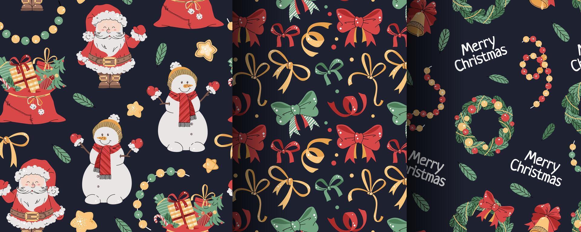 Collection of Seamless Christmas patterns with cute Santa, snowman and gifts in flat style. Holiday background with Christmas elements. Cartoon texture for fabric, wallpaper, wrapping paper vector