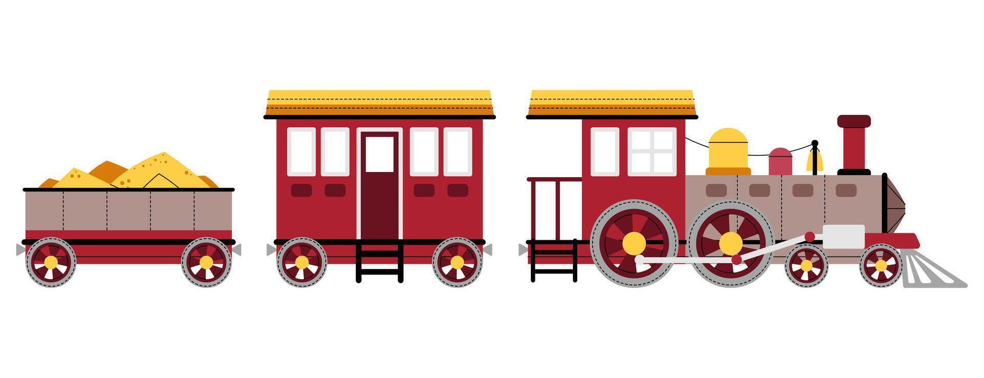 Cartoon steam locomotive with carriage on white background. Children s toy train in flat style. Children s illustration of railway transport for fabric design, wallpaper, greeting cards, etc. vector