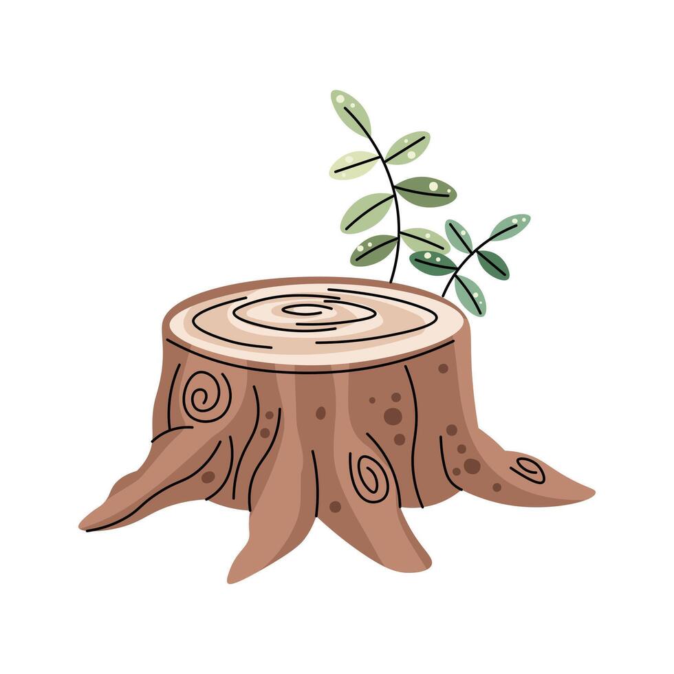 Tree stump isolated on background. Illustration of cut tree in flat style. Forest collection. illustration for clothes, fabric, greeting cards, stickers, etc. vector
