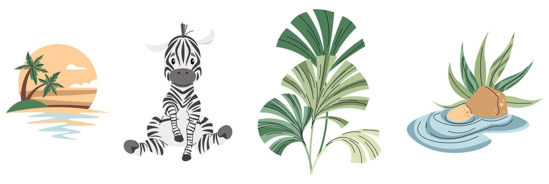 Set of African animals and plants on white background. Illustration of zebra, tropical plants in flat cartoon style. Safari collection. clipart for clothes, fabric, greeting cards, stickers vector