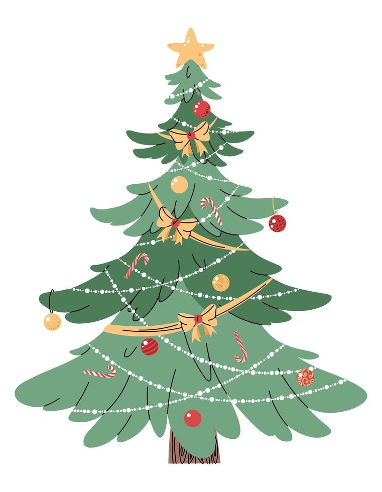 Christmas tree decorated with garlands and toys on a white background. Festive tree in a flat style. vector