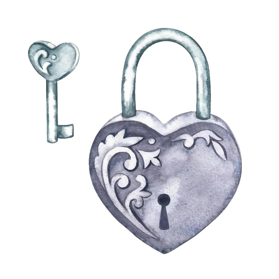 A heart-shaped lock. A wedding attribute for fulfilling traditions. watercolor illustration. Isolate. A symbol of inseparability. An element of the design invitations and greeting cards. vector