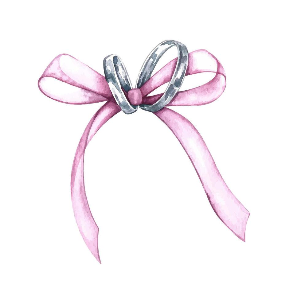 Silver wedding rings tied with a ribbon for a pillow. watercolor illustration handmade watercolor painting. An element of the design of invitation and greeting wedding cards in watercolor style vector