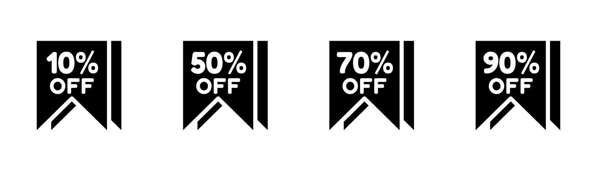 icon solid or glyph ribbon discount ten percent, half price,seventy percent and ninety percent, label tag price off. Editable file vector