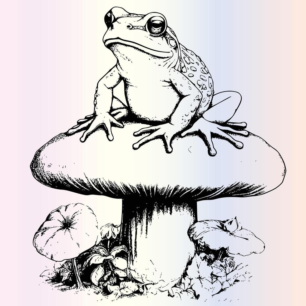 Frog Sitting On Mushroom Coloring Page Drawing For Kids vector