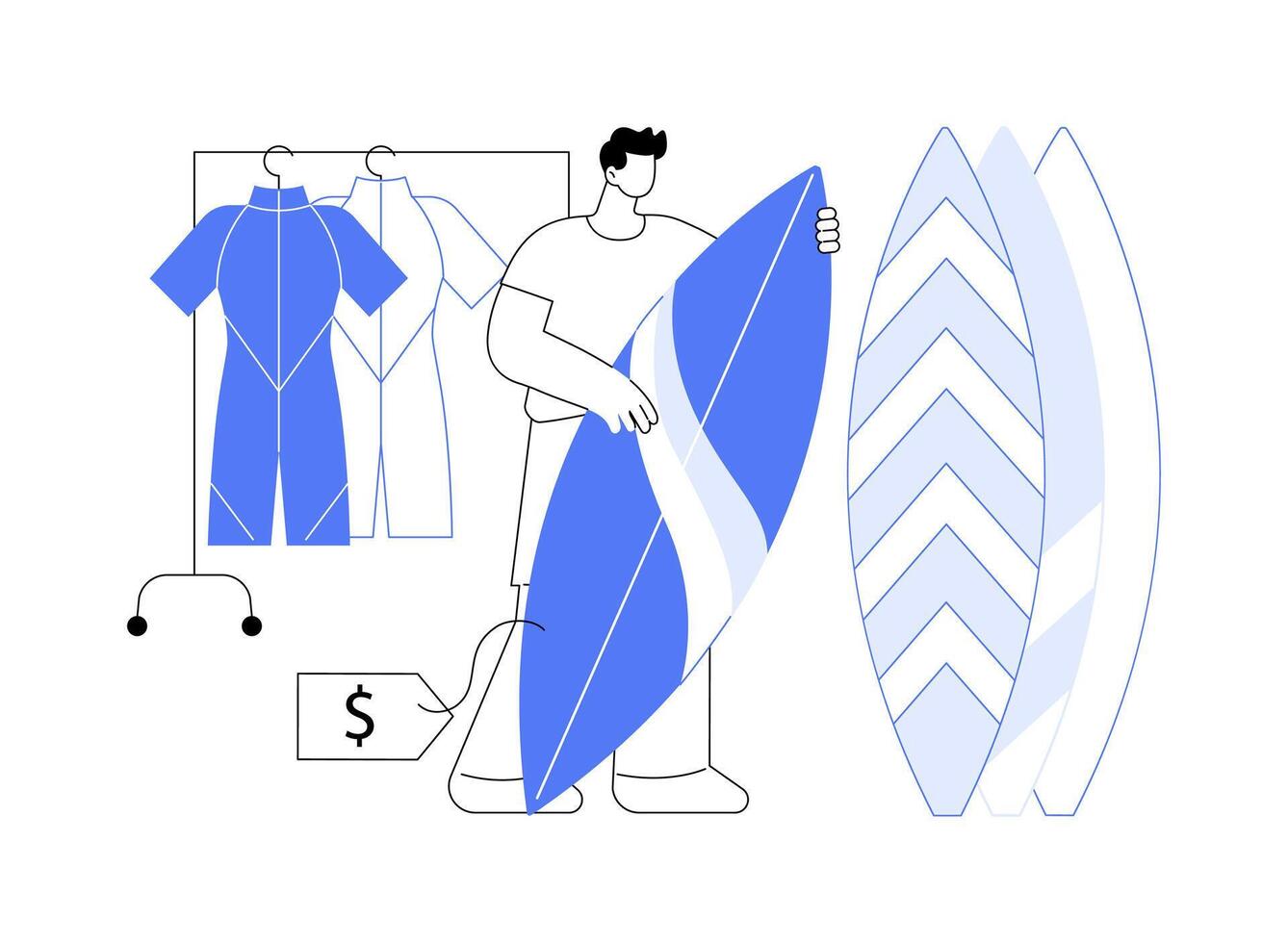 Choosing a surfboard isolated cartoon illustrations. vector