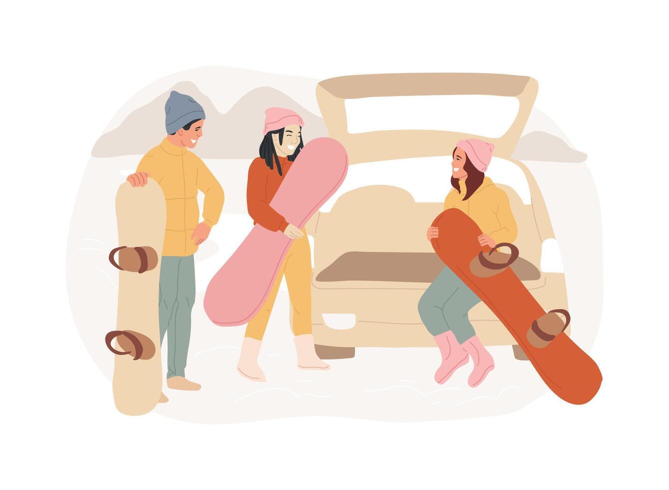 Snowboarding trip isolated cartoon illustrations. vector