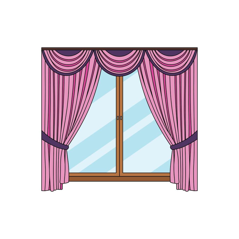 kids drawing illustration window with curtain flat cartoon isolated vector