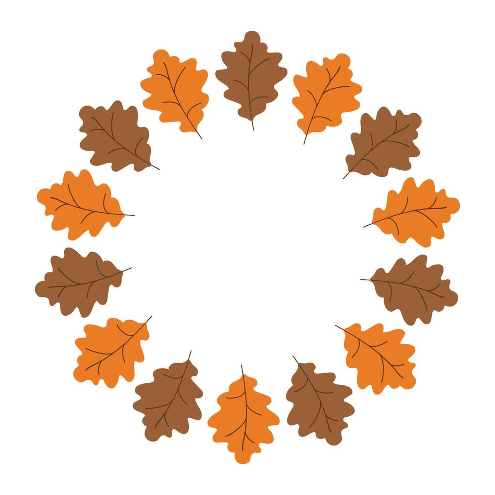 Oak wreath with orange and brown leaves and copy space. Hand drawn circle empty autumn frame for poster banner and card. Minimalist illustration vector