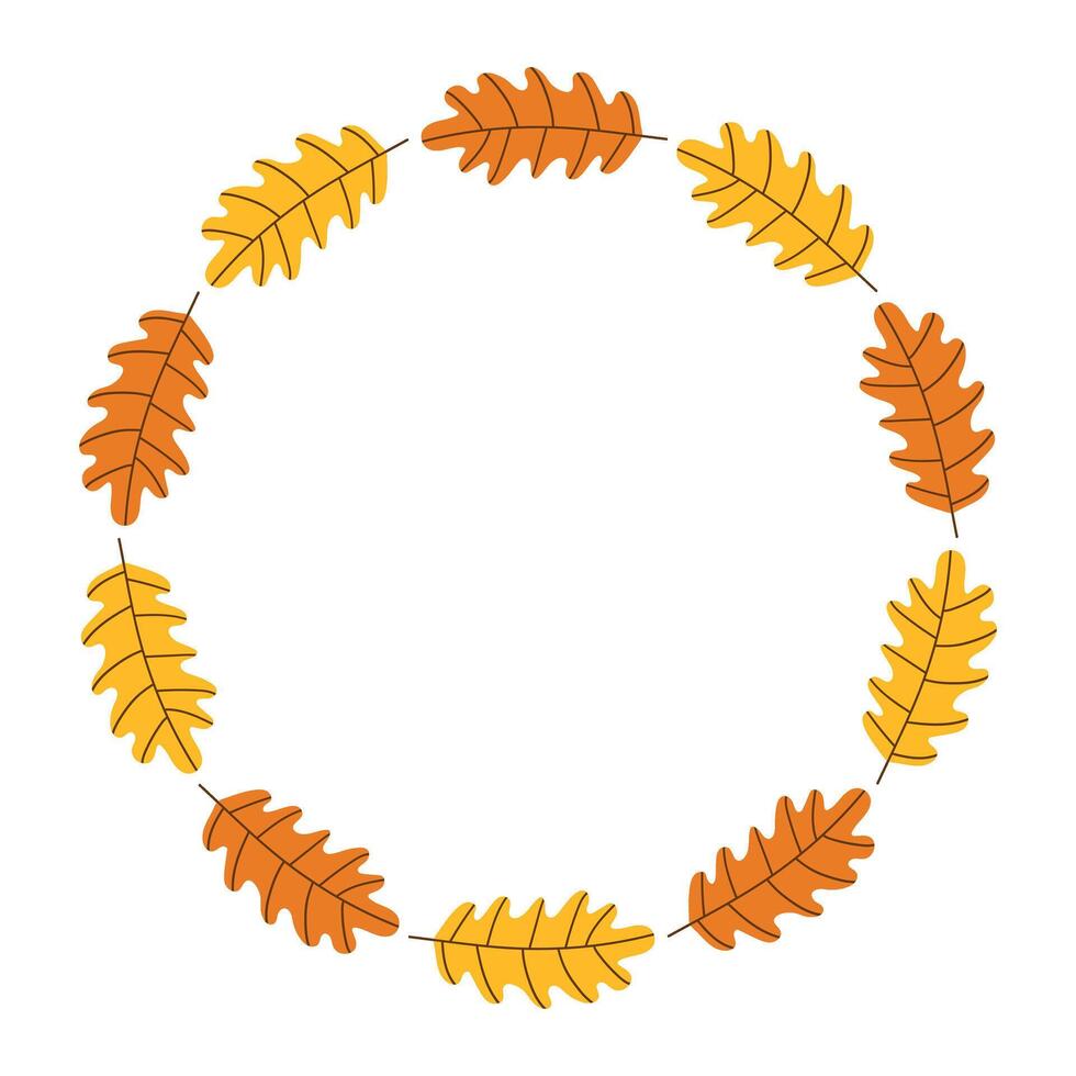 Round border frame with Oak autumn Leaves in hand drawn style. Yellow and orange plant organic circle background with copy space vector