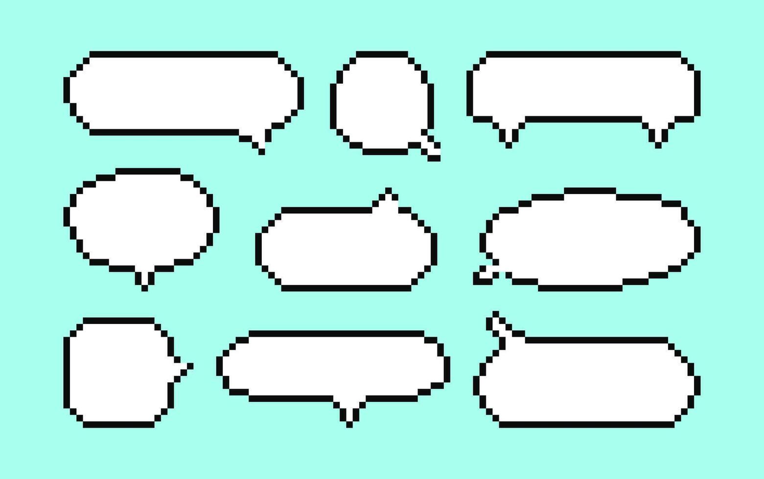 Pixel white Speech Bubbles set for computer game. Message box, chat empty retro clouds in 8 bit art, icons. Comic blank elements for dialogues of discussion and thoughts. vector