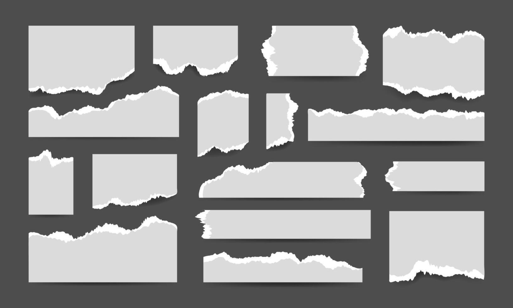 White torn or ripped paper sheet foe scrapbook or Collage. Notebook piece with jagged edges. Wide and narrow, long and short, square and rectangular elements for decoration vector