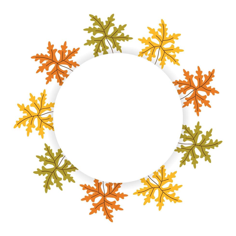 Round Frame with orange, green, yellow abstract leaves in hand drawn style. Empty Circle border or textbox with shadows. Bright autumn wreath with copy space for sale posters vector