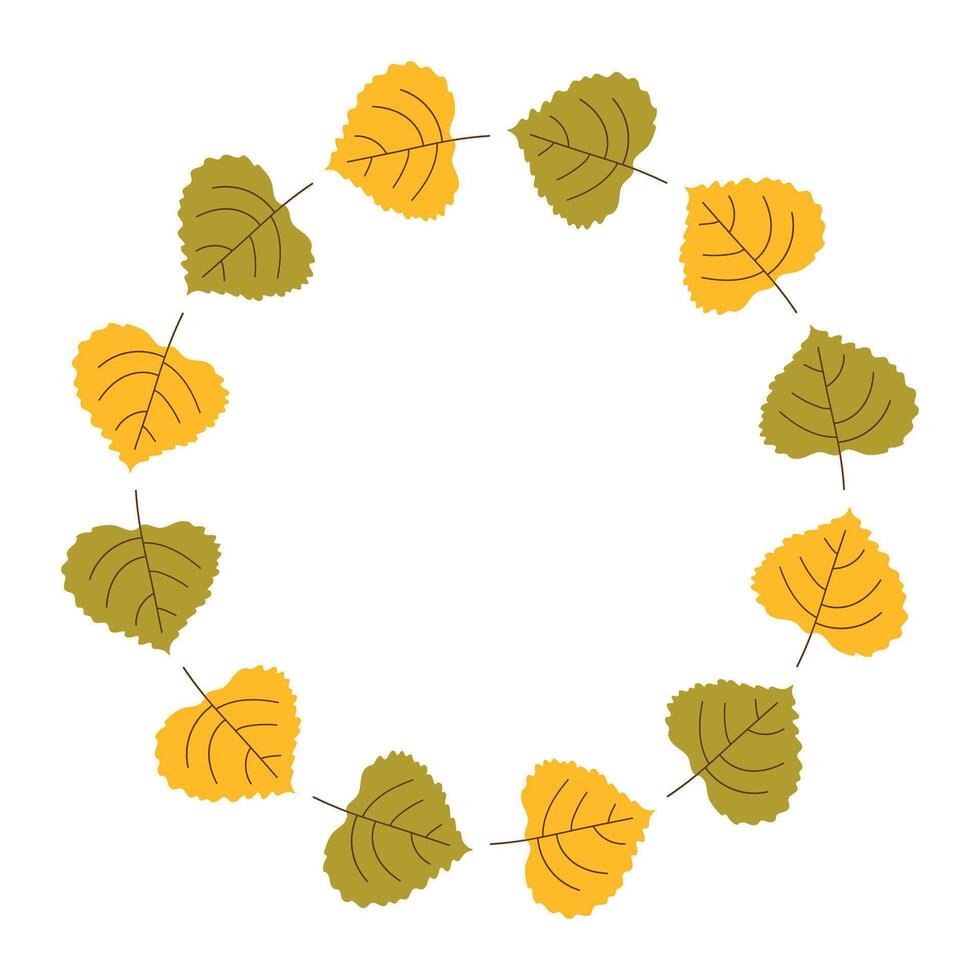 Elegant round Leaves Frame. Autumn wreath or border made of colorful yellow and green leaf in hand drawn style. Fall season colors inscription inside. Natural flat decorative vector