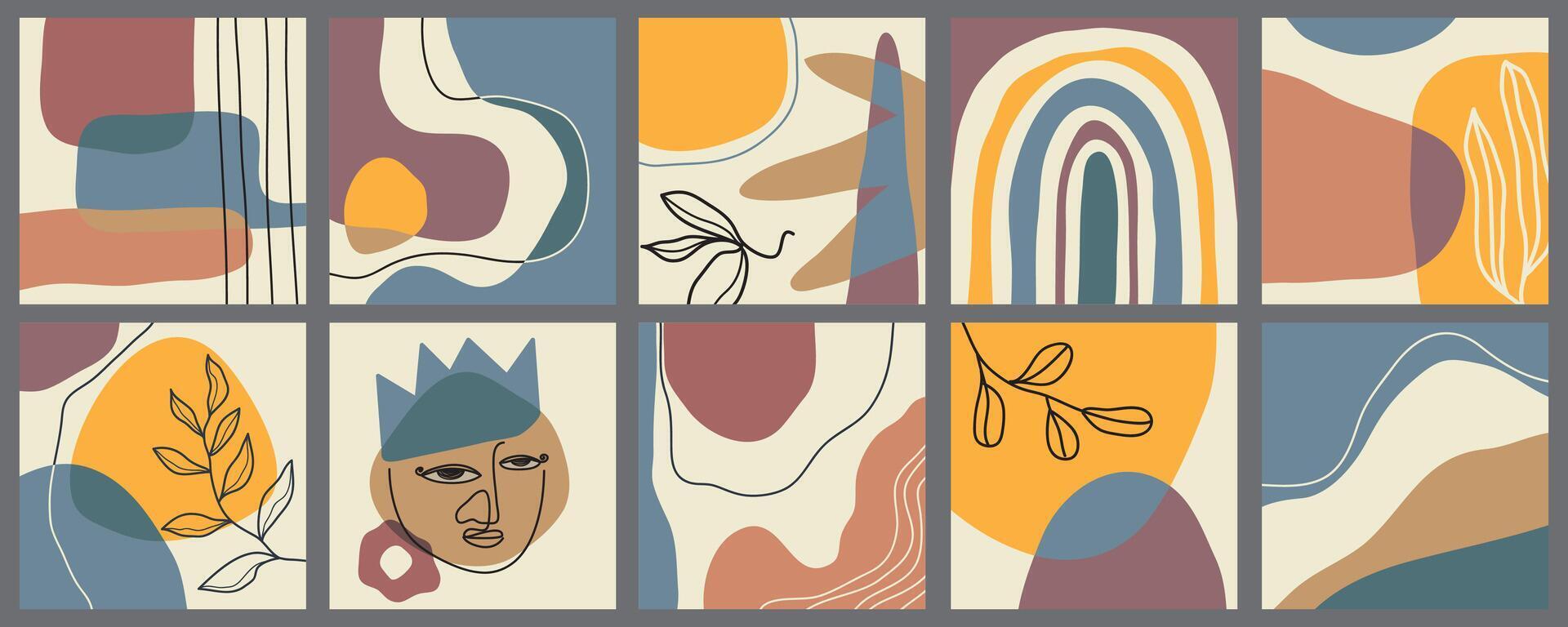 Big Set of Abstract backgrounds. Hand drawn doodle various shapes, leaves, face, spots, drops. Contemporary modern trendy illustrations. Every background is isolated. Pastel colors vector