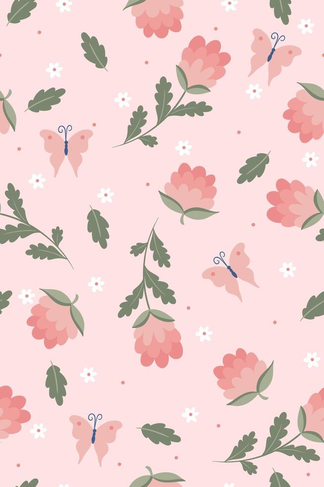 Spring seamless pattern with flowers and butterflies on a pink background. graphics. vector