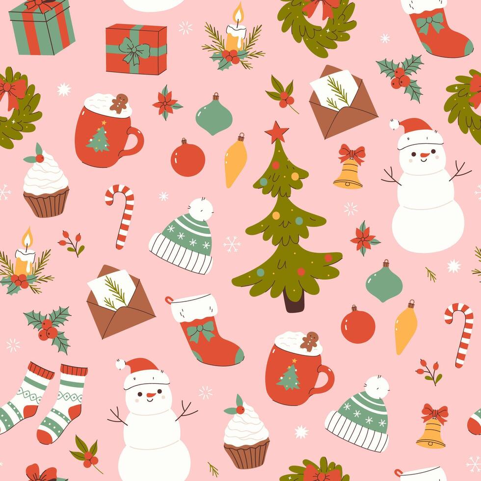Seamless Christmas pattern with various holiday items. graphics. vector