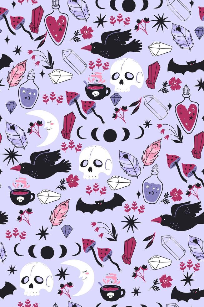 Seamless occult pattern with magic items. graphics. vector