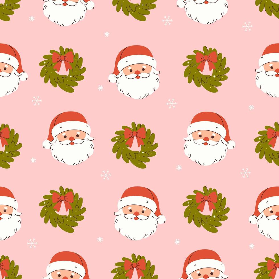 Christmas seamless pattern with wreaths and Santa Claus faces. graphics. vector
