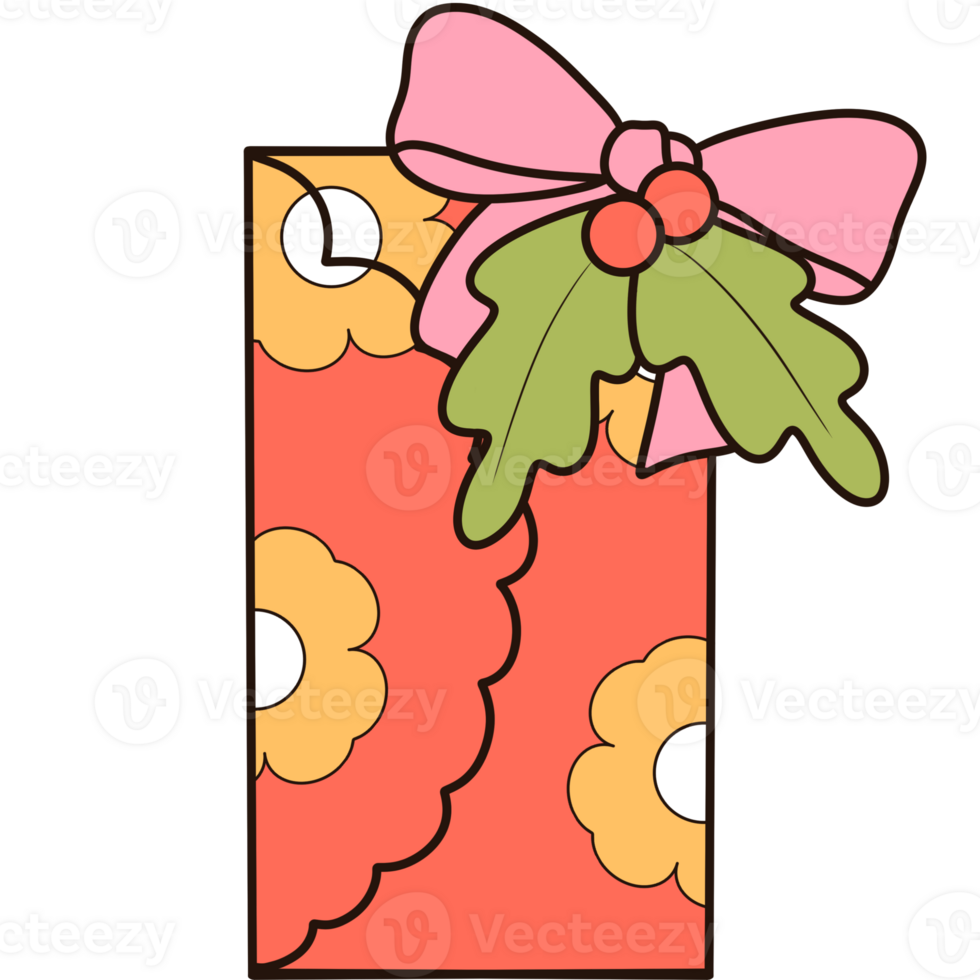 Groovy retro christmas gift box with coquette bow and holly berries clipart png