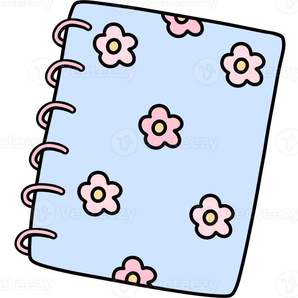 Retro groovy pastel blue notebook daisy flowers clipart Trendy hippie cartoon doodle drawing back to school supplies art illustration. png