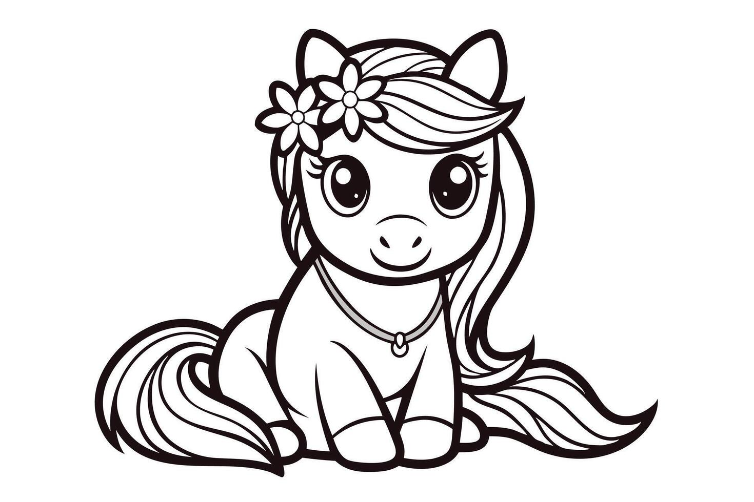 coloring page for kids, Cute horse with flowers line art illustration vector