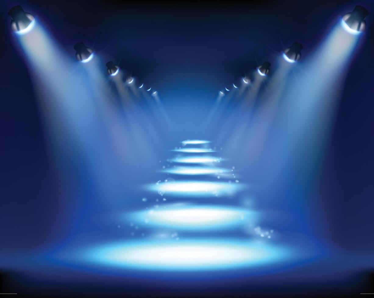 a big ramp walk stage with a spotlight and a blue background. vector