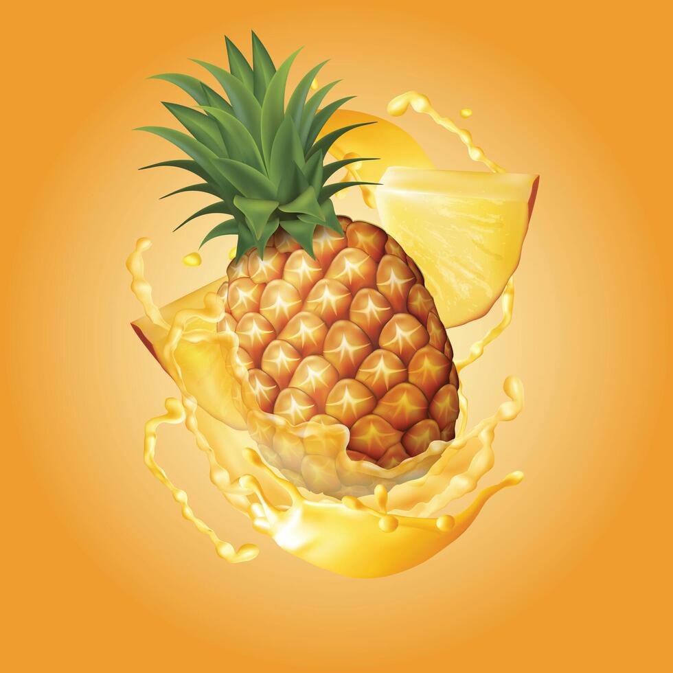 A pineapple with a yellow background and juice splash. vector