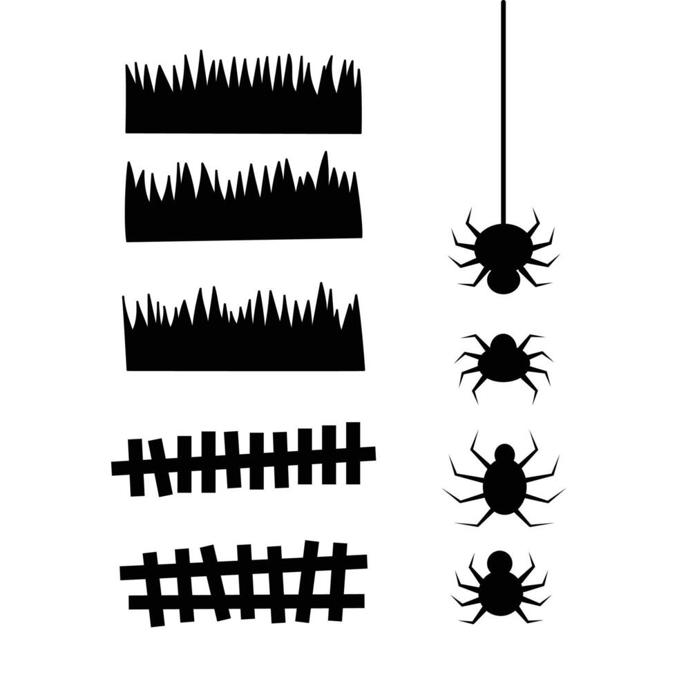 Halloween silhouette grass and wooden boundary and spider and wave collection. vector