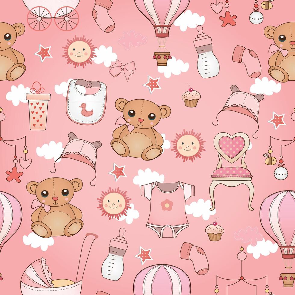 a baby pattern with a teddy bear and a balloon on pink background. vector