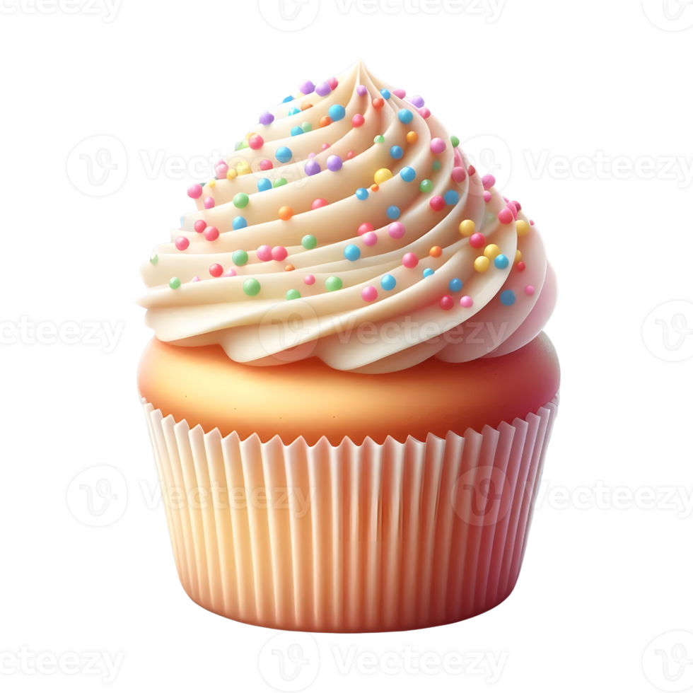 Vanilla cupcake with vanilla frosting and rainbow sprinkles on transparent background. png