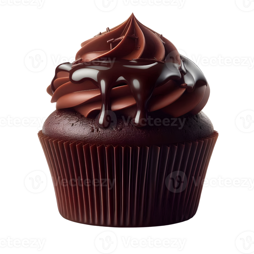 A rich chocolate cupcake with chocolate ganache frosting isolated on transparent background. png