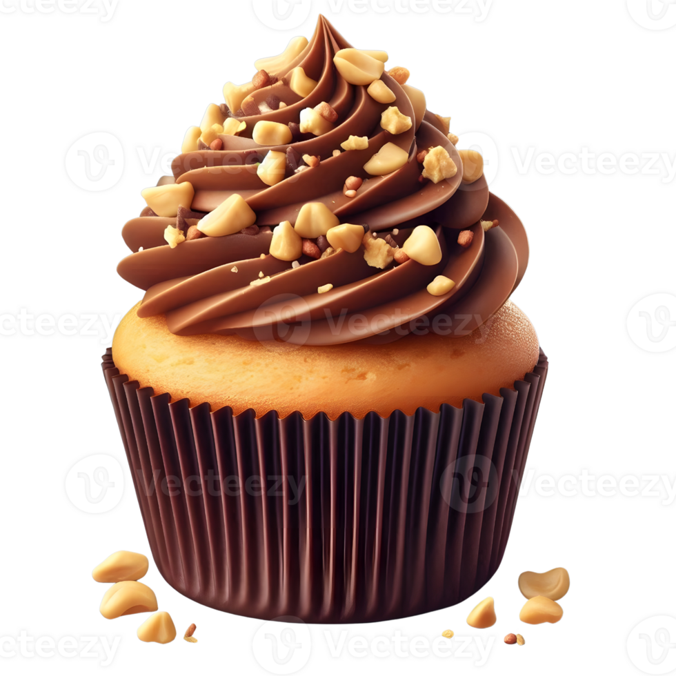 A peanut butter cupcake with chocolate frosting and crushed peanuts on transparent background png