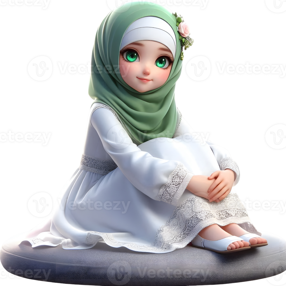 3d muslim girl wearing white kameez, shalwar and green hijab and sitting on transparent background png