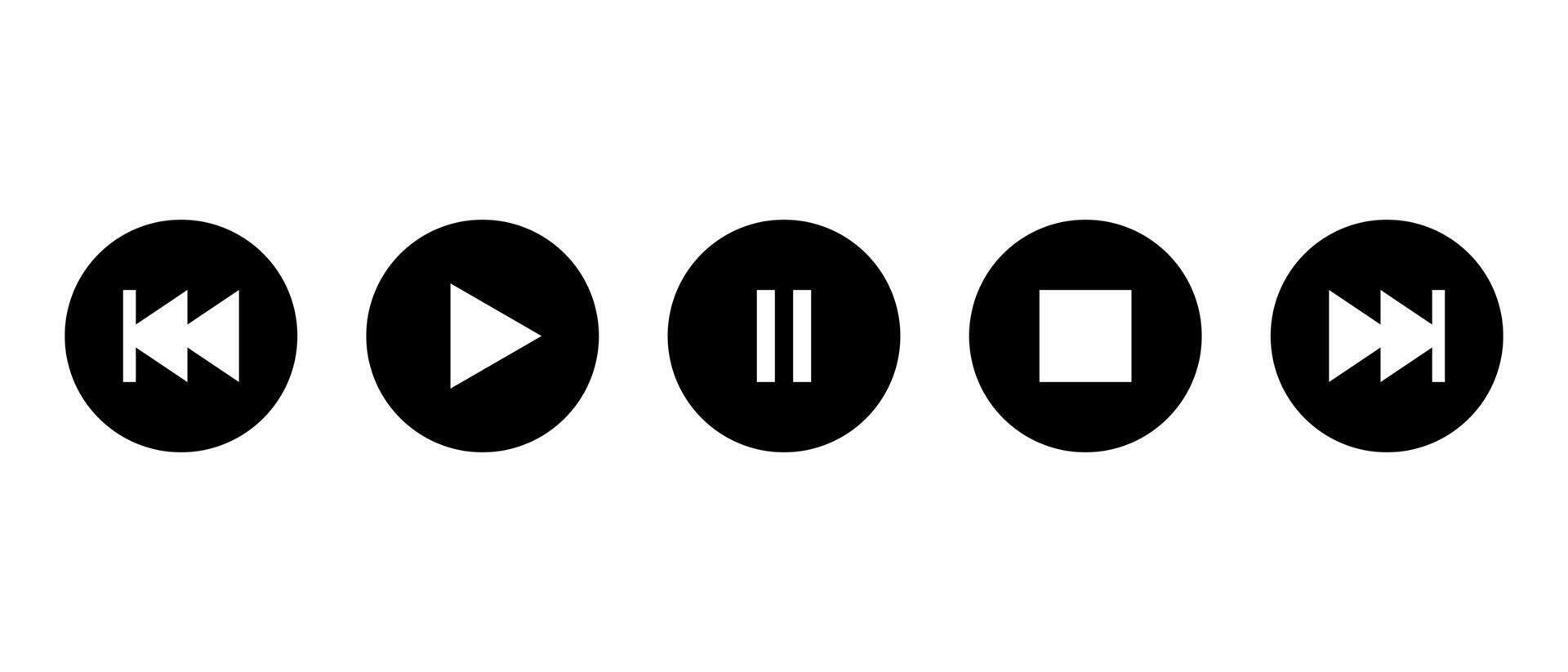 Play, pause, stop, previous track and next icon on black circle. Media player concept vector