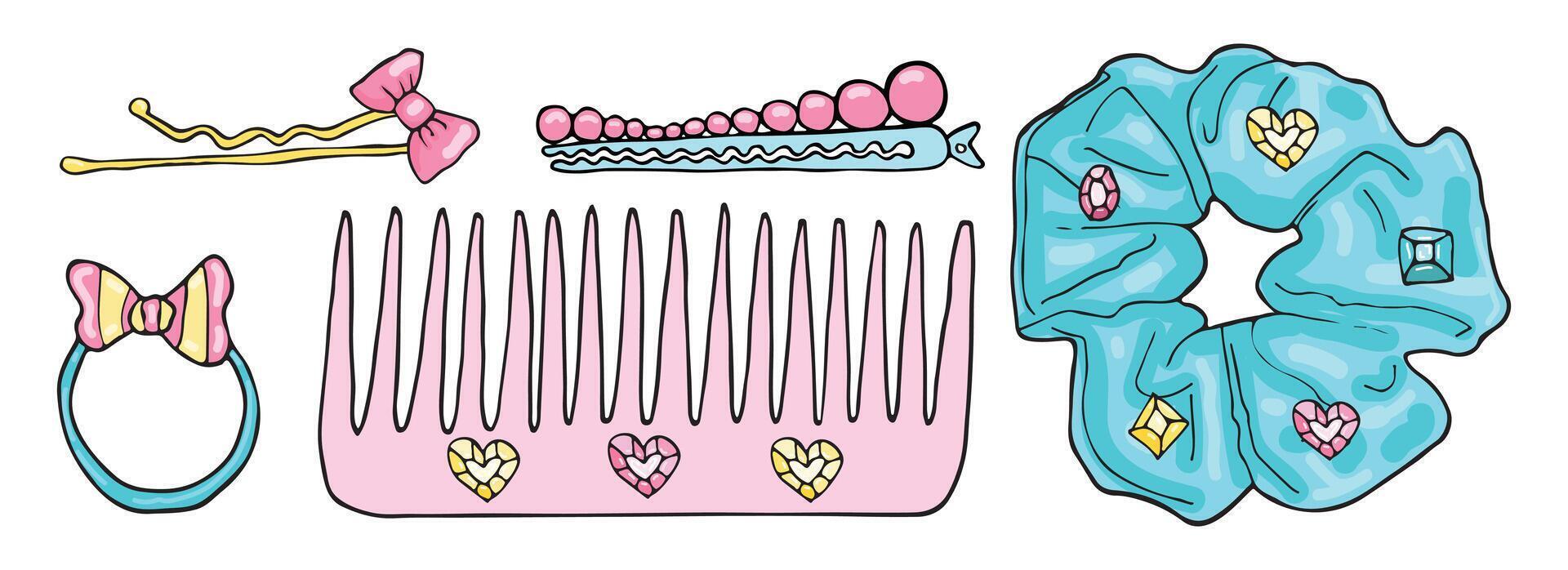 Cute pastel hair accessories set featuring scrunchies, bows, and a comb with heart details. Perfect for stylish girls, fun hairstyles, and trendy beauty looks vector