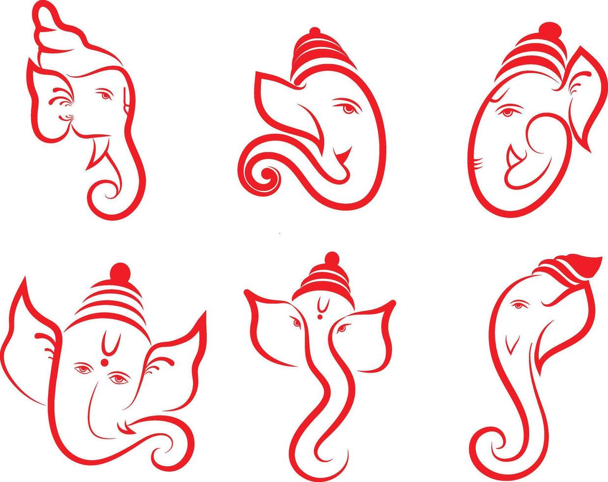 Set of 6 Ganpati face, Collection of 6 Lord Ganesh face minimal illustrations vector