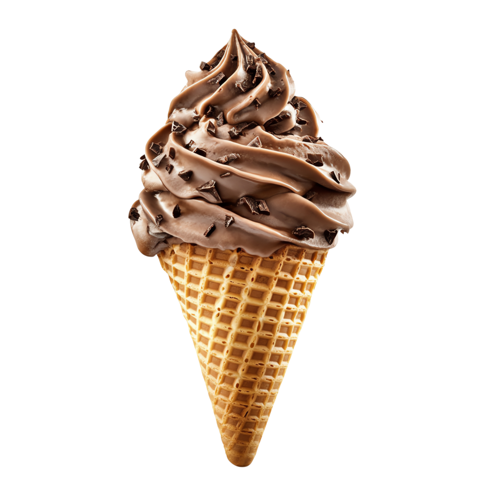 chocolate soft serve ice cream cone with chocolate chip toppings, perfect for hot summer days png
