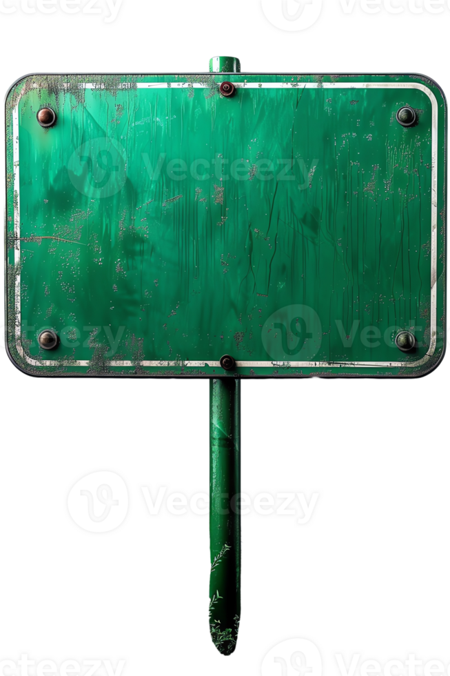 uma resistido, esvaziar verde placa com parafusos às a cantos em pé em uma pólo png