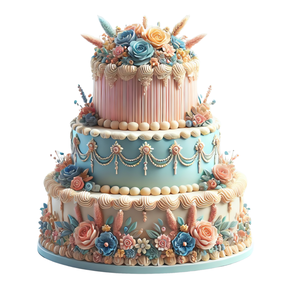Beautiful three-tiered wedding cake adorned with elegant pastel flowers, perfect for a romantic celebration and wedding theme. png