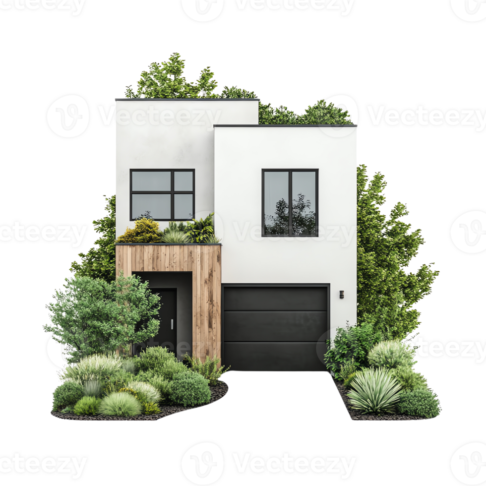 Modern two-story house with minimalist design, featuring large windows and abundant green plants png