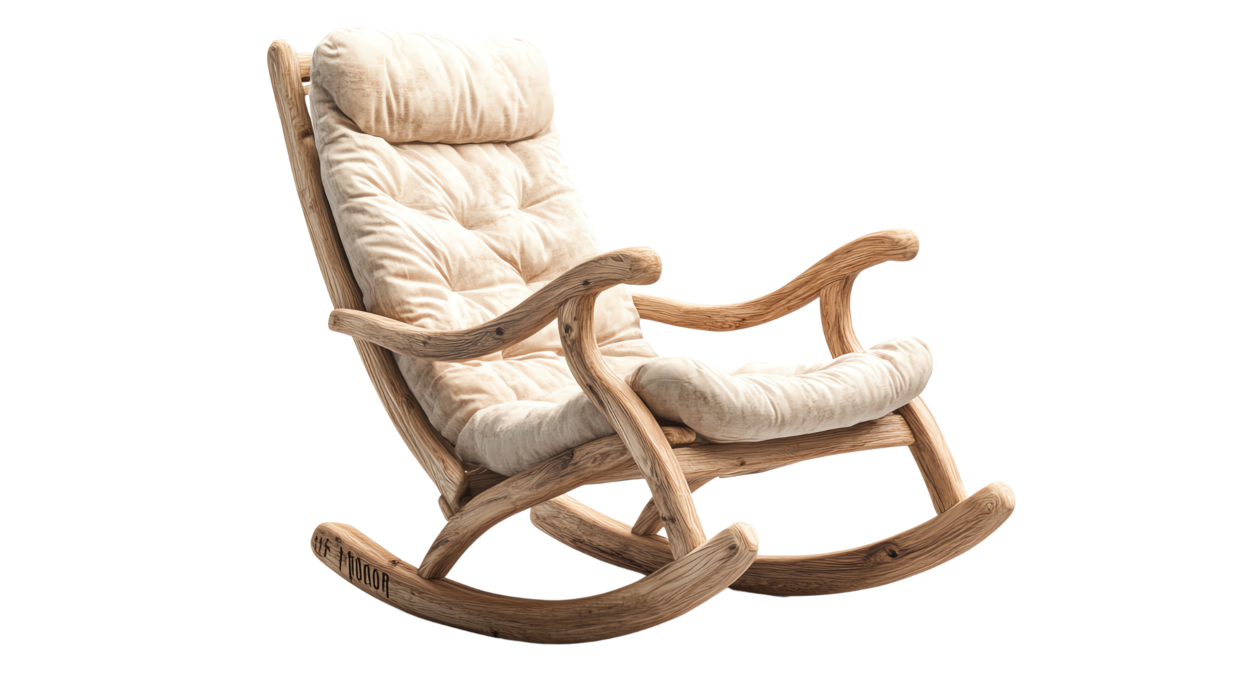 fushioned wooden rocking chairs, one with brown upholstery and the other with white, perfect for comfortable seating and relaxation. png