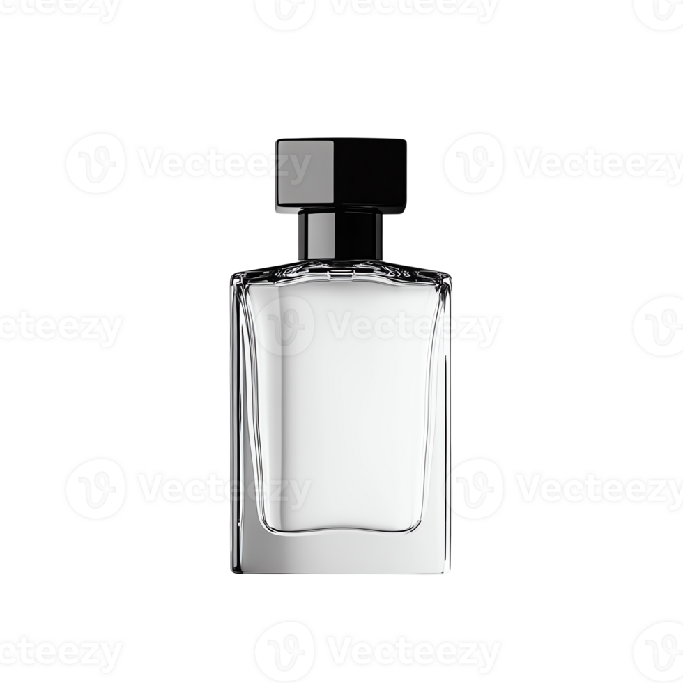 Elegantly designed clear glass perfume bottle with a black cap. Perfect for fragrance, luxury, fashion png