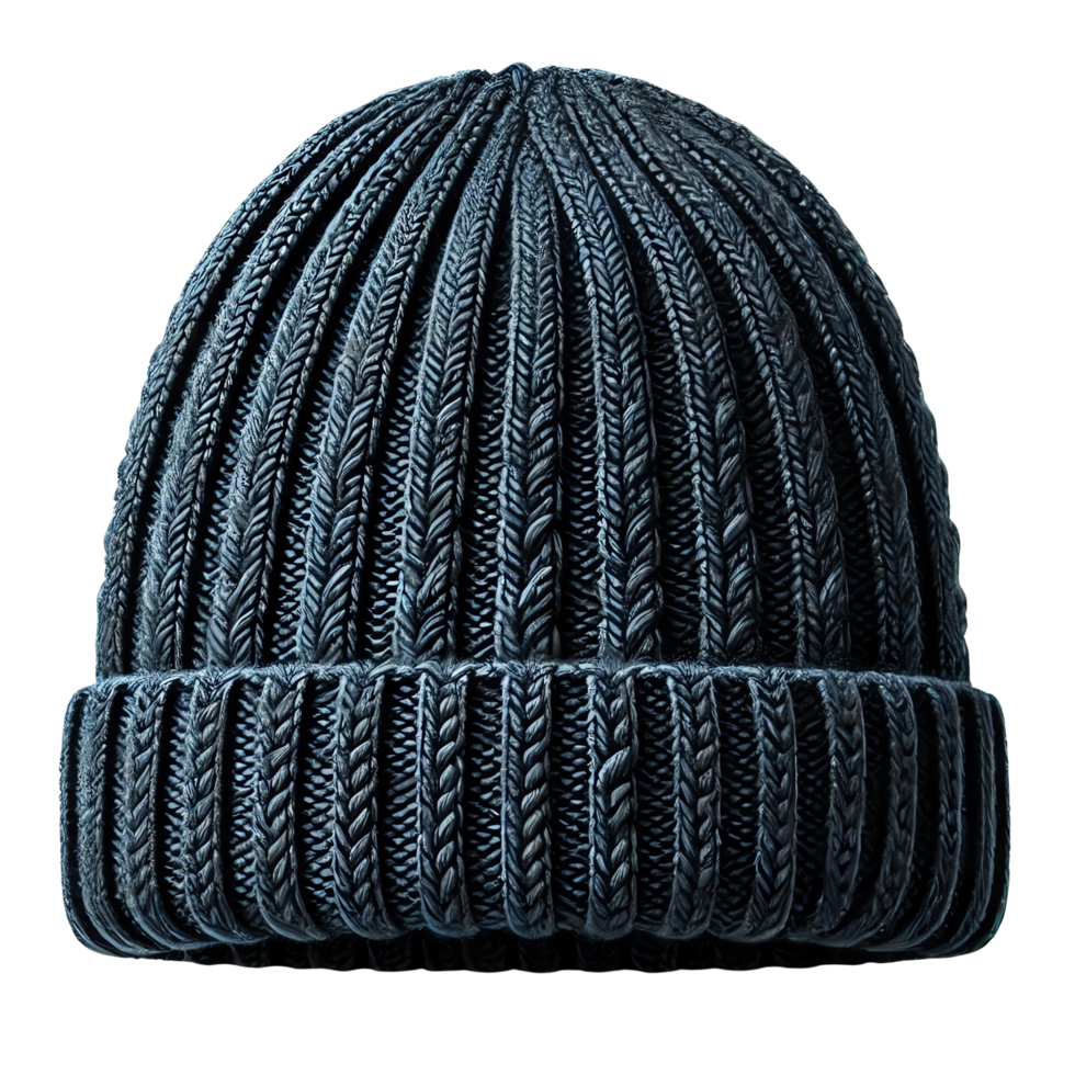 Cozy dark blue knitted winter beanie hat with ribbed pattern, ideal for cold weather and outdoor activities png