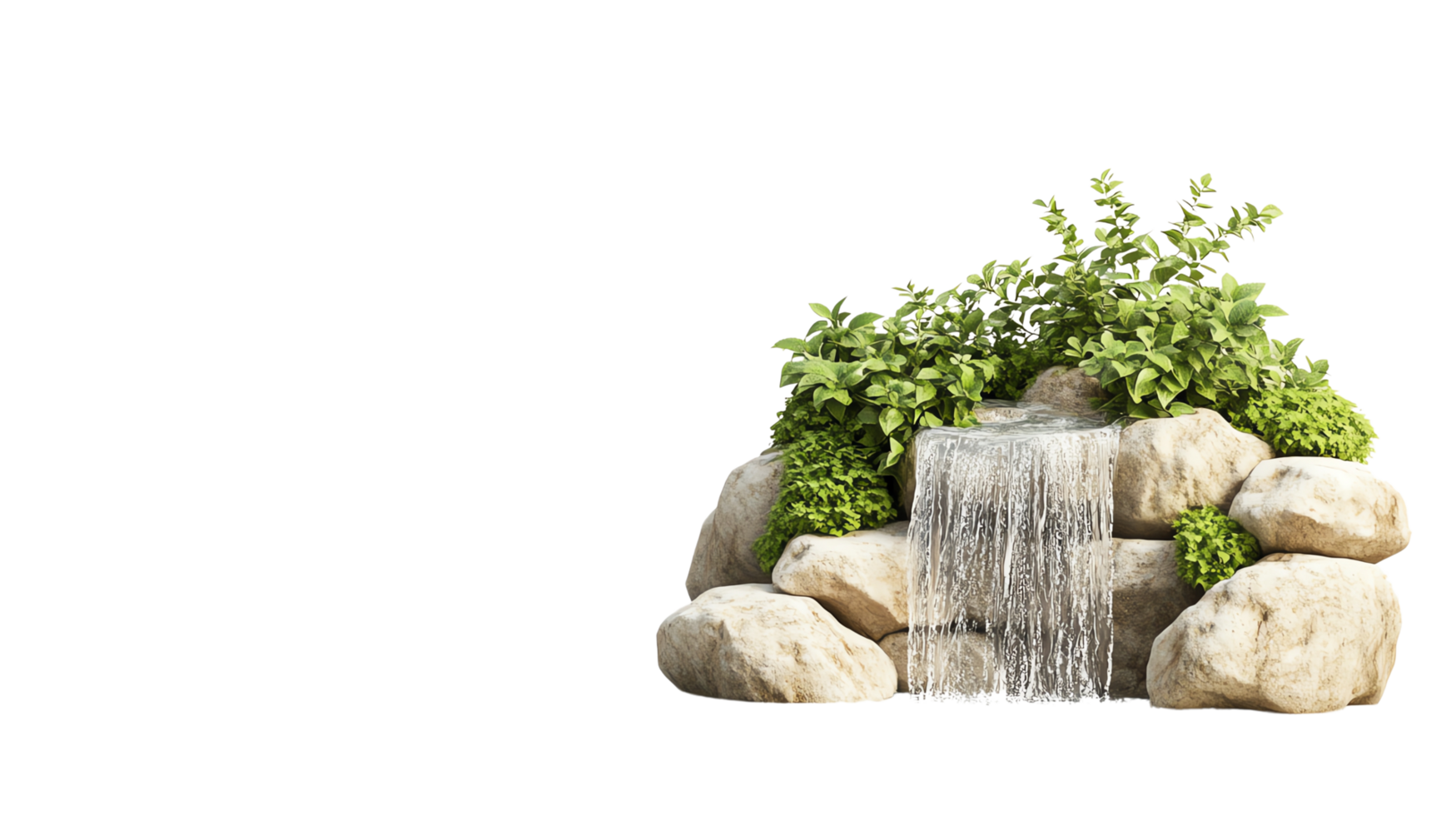 A serene, small waterfall cascading over moss-covered rocks surrounded by lush green ferns and plants png
