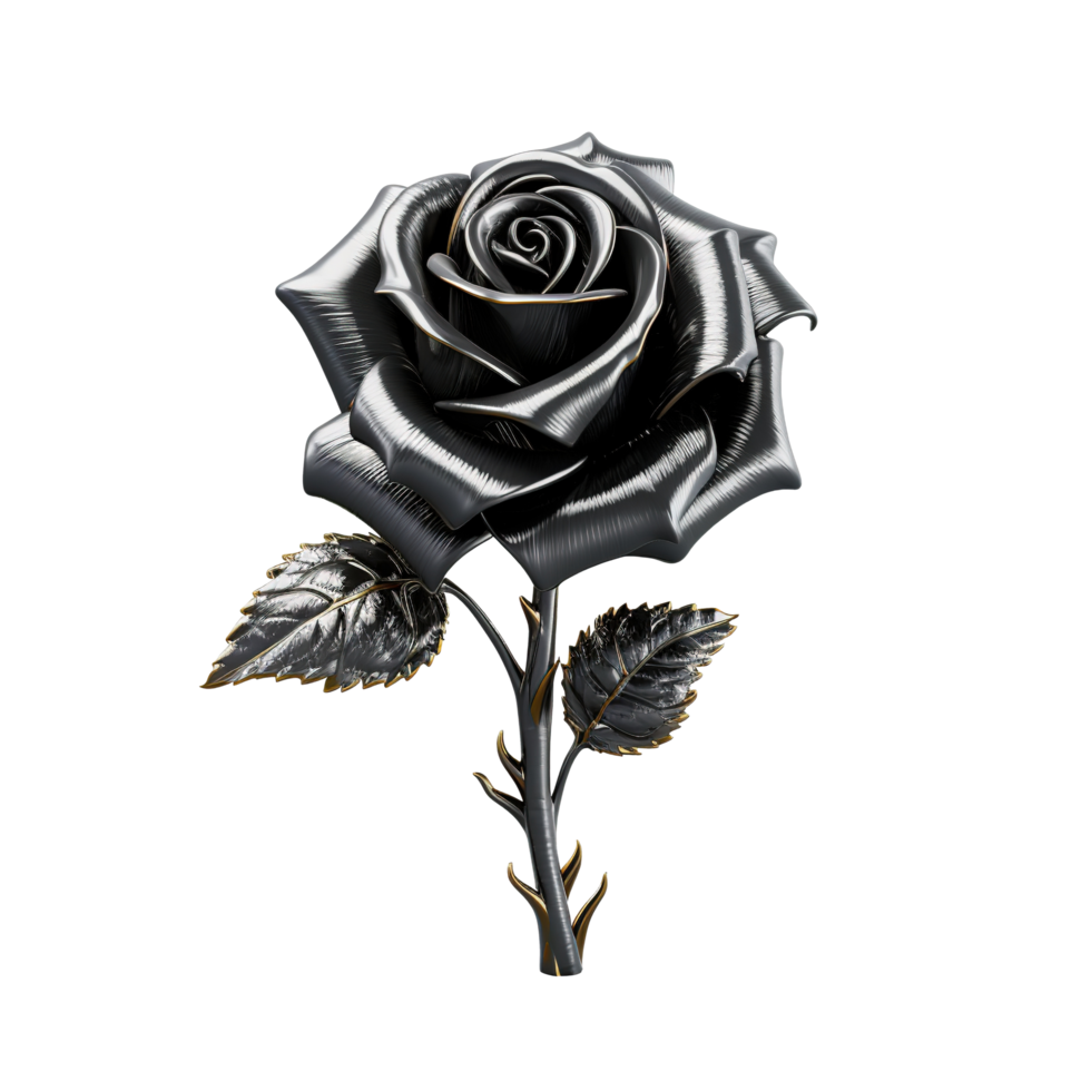 3D Metallic Black Rose With leaves on Transparent Background png