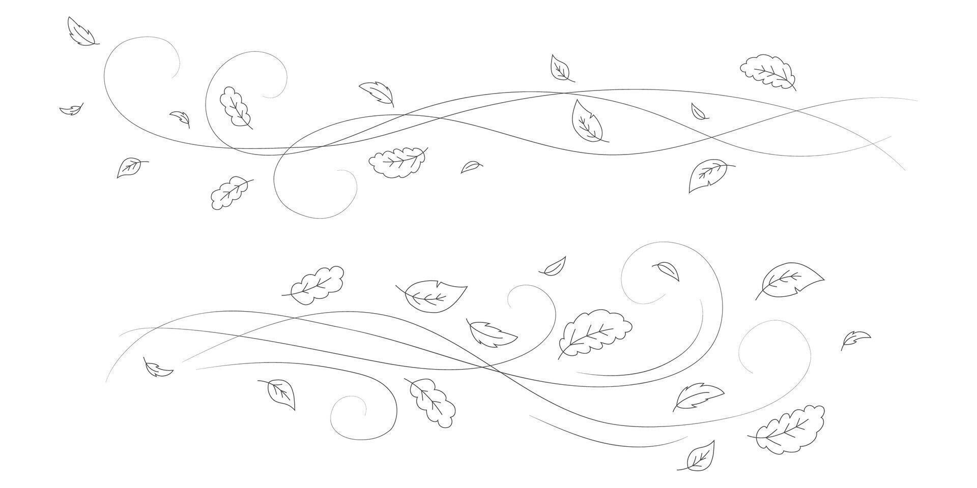 Doodle autumn leaves flying in the wind. Falling season outline backdrop, air flow leaves wave linear pattern or wind blowing doodle print. Autumn windy weather hand drawn monochrome background vector