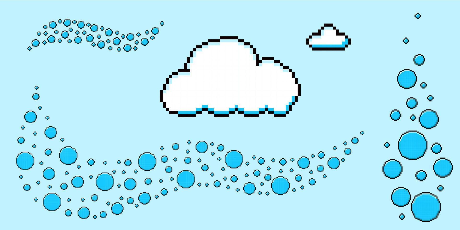 Set of pixel art cloud and bubble swoosh. 90s aesthetics. 8-bit y2k retro style illustration. vector
