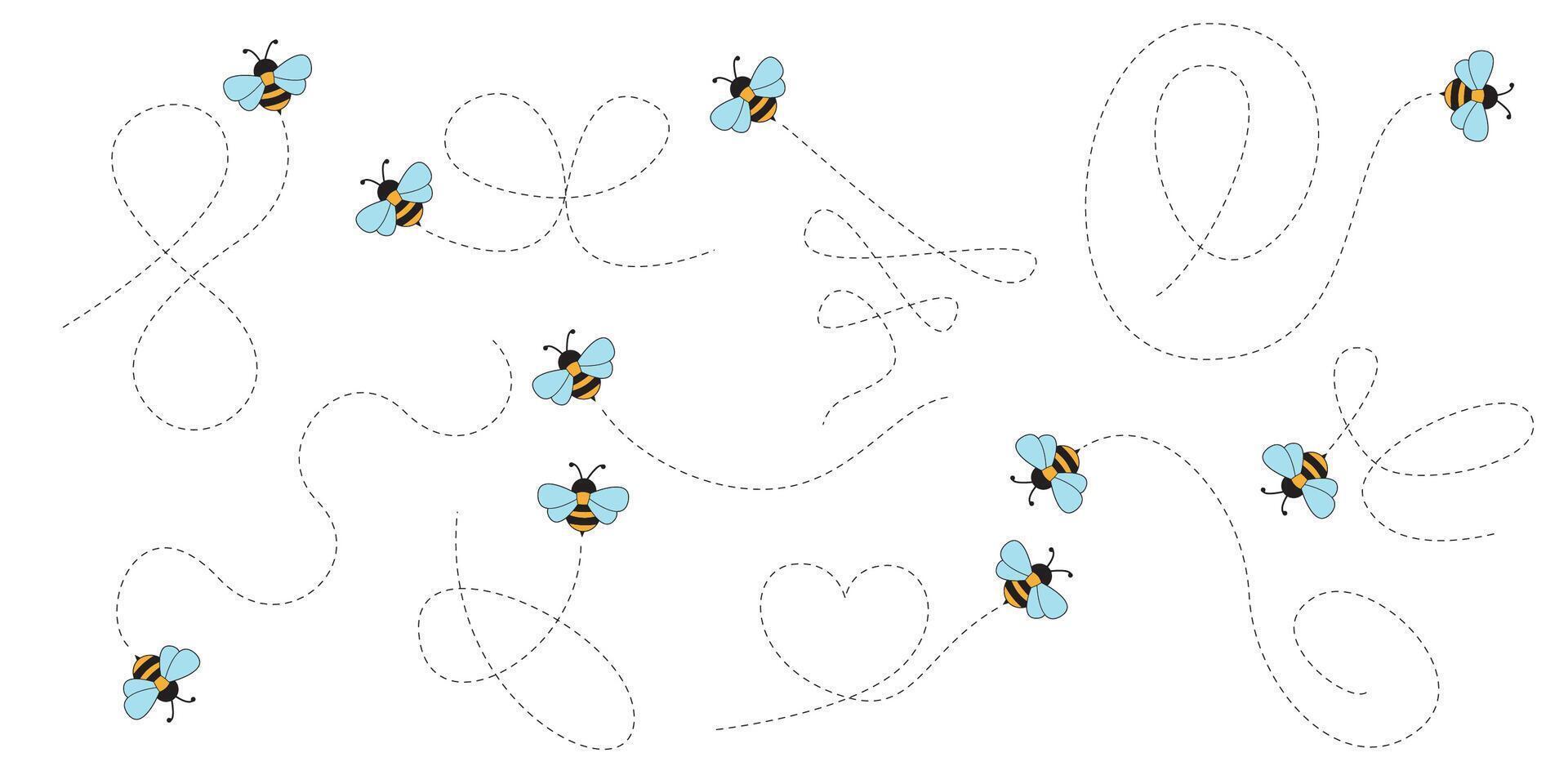 Hand Drawn Cartoon Bee Flying on a Dotted Route. illustration isolated on background. vector